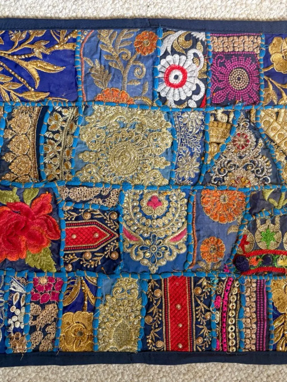 Boho Indian Patchwork Cushion Cover Blue Embroidered 17x16.5” set of 2